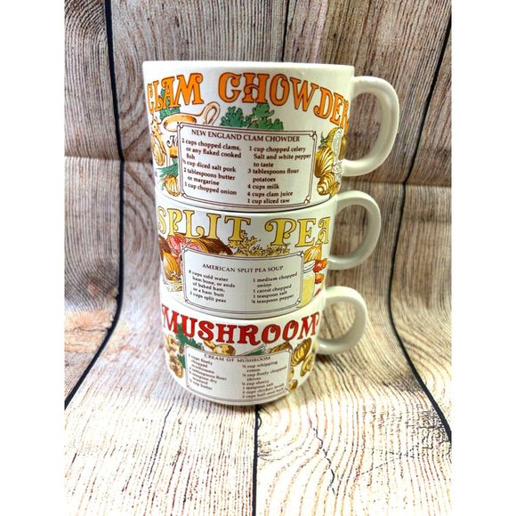 Other - Vintage Sunny Stoneware Soup Recipe Mugs‎ Split Pea Mushroom Clam